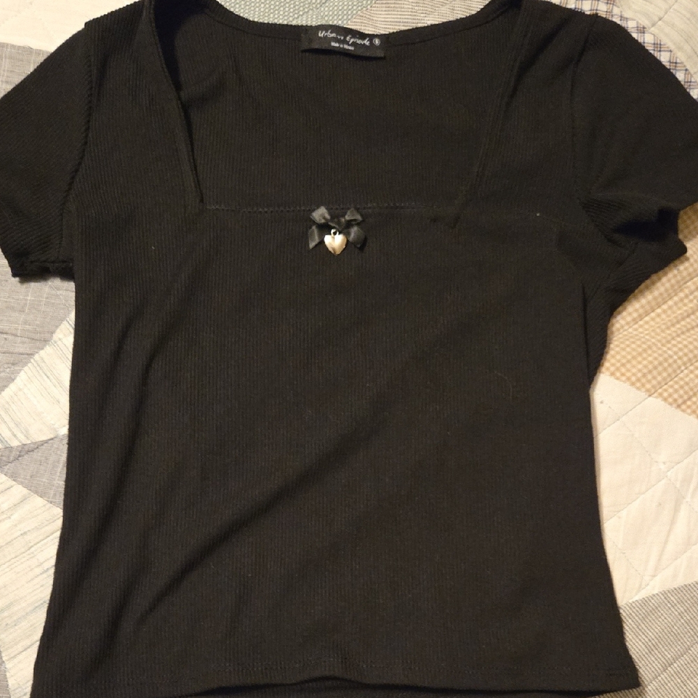 Elegant Black Short Sleeve Top with Heart Detail